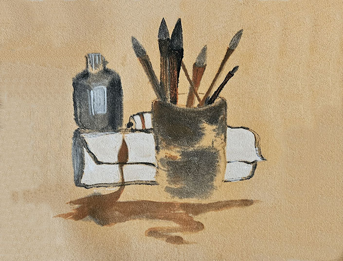 Eine bildliche Darstellung der verschiedenen Materialen, die für Suminagashi und Sumi-e benötigt werden. Sumi-e-Bild