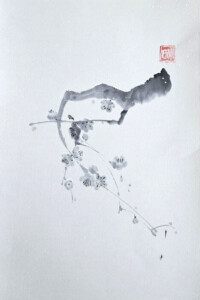 Zweig mit zarten Prunusblüten in schwarzer und grauer Tusche, dynamische Pinselstriche auf hellem Grund, Sumi-e
