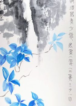 Cascade et fleurs bleues - 70X34,5