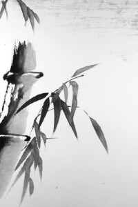 Bamboo landscape 36X59 Schwarze Bambusstängel mit langen, schmalen Blättern stehen im Vordergrund. Im Hintergrund ist ein heller Vollmond zu sehen.