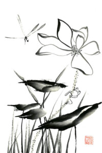 Zwischen Lotusblättern springt ein kleiner Frosch empor, eine Libelle fliegt leicht darüber – bewegte Stille in Schwarzweiß.