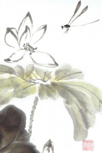 Eine zarte Libelle schwebt über einer geöffneten Lotusblüte. Breite Blätter fächern sich darunter wie ein stilles Dach.