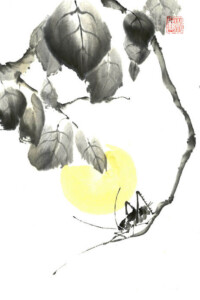 Eine Heuschrecke bei Vollmond auf Zweig – ein stiller Moment in reduzierter Sumi-e-Malerei von Nathalie Guski.