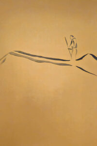 Dieses Gemälde ist auf Bambuspapier (gelb) gemalt. Im oberen Teil läuft ein Pilger von rechts nach links auf zwei Strichen, die einen Weg darstellen.