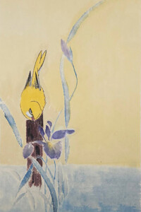 Ein gelber Vogel betrachtet eine Iris vor sanftem Lichtverlauf von Orange nach Blau – zart, ruhig und poetisch.