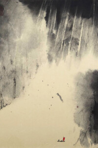 Tuschwirbel stürzen wie Windböen auf ein kleines Boot mit rotem Segel herab.