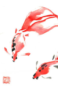 Zwei elegant schwimmende Goldfische mit langen fließenden Flossen in leuchtendem Rot, gemalt auf weißem Hintergrund.