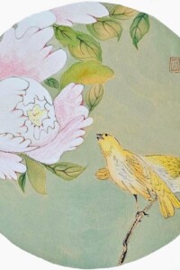 Zwei gelbliche Vögel sitzen auf einem Ast unter einer großen, blassrosa Pfingstrose mit feinen Blättern. Der Hintergrund ist ein sanftes Grün.