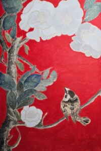 Spatz sitzt auf einem Ast mit weißen Kamelienblüten vor kräftig rotem Hintergrund.