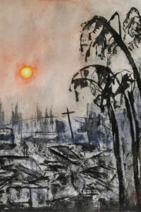 Gemälde einer zerstörten Stadtlandschaft nach einem Brand bei Sonnenuntergang. Im Vordergrund stehen kahle, teils umgestürzte Bäume. Der Himmel ist grau-orange mit einer leuchtenden Sonne. Trümmer und ein schiefes Strommastenkreuz sind sichtbar.