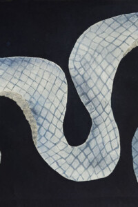 Weiße Schlange mit Rautenmuster windet sich auf schwarzem Hintergrund.