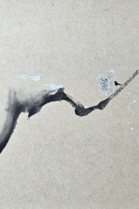 Zweig mit zarten Blüten in schwarzer und grauer Tusche, Schneeflocken im Hintergrund, dynamische Pinselstriche auf strukturiertem Grund, Tuschmalerei von Nathalie Guski